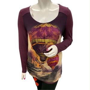 Women's Purple Hot Air Balloon Print Top Size L